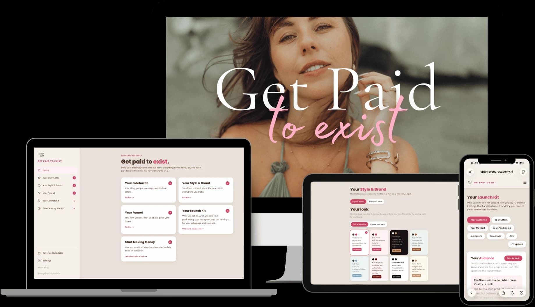 Get Paid To Exist open on a desktop, a laptop, a tablet and a phone