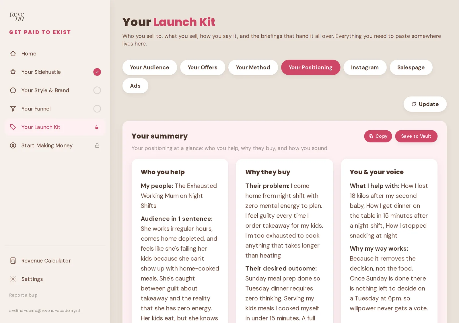 Your positioning summary inside the tool: who you help, why they buy and how you sound