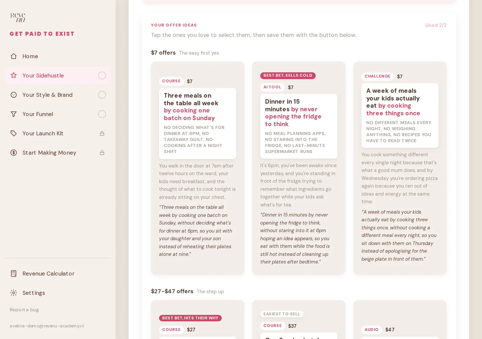 Nine generated product ideas with prices inside the tool